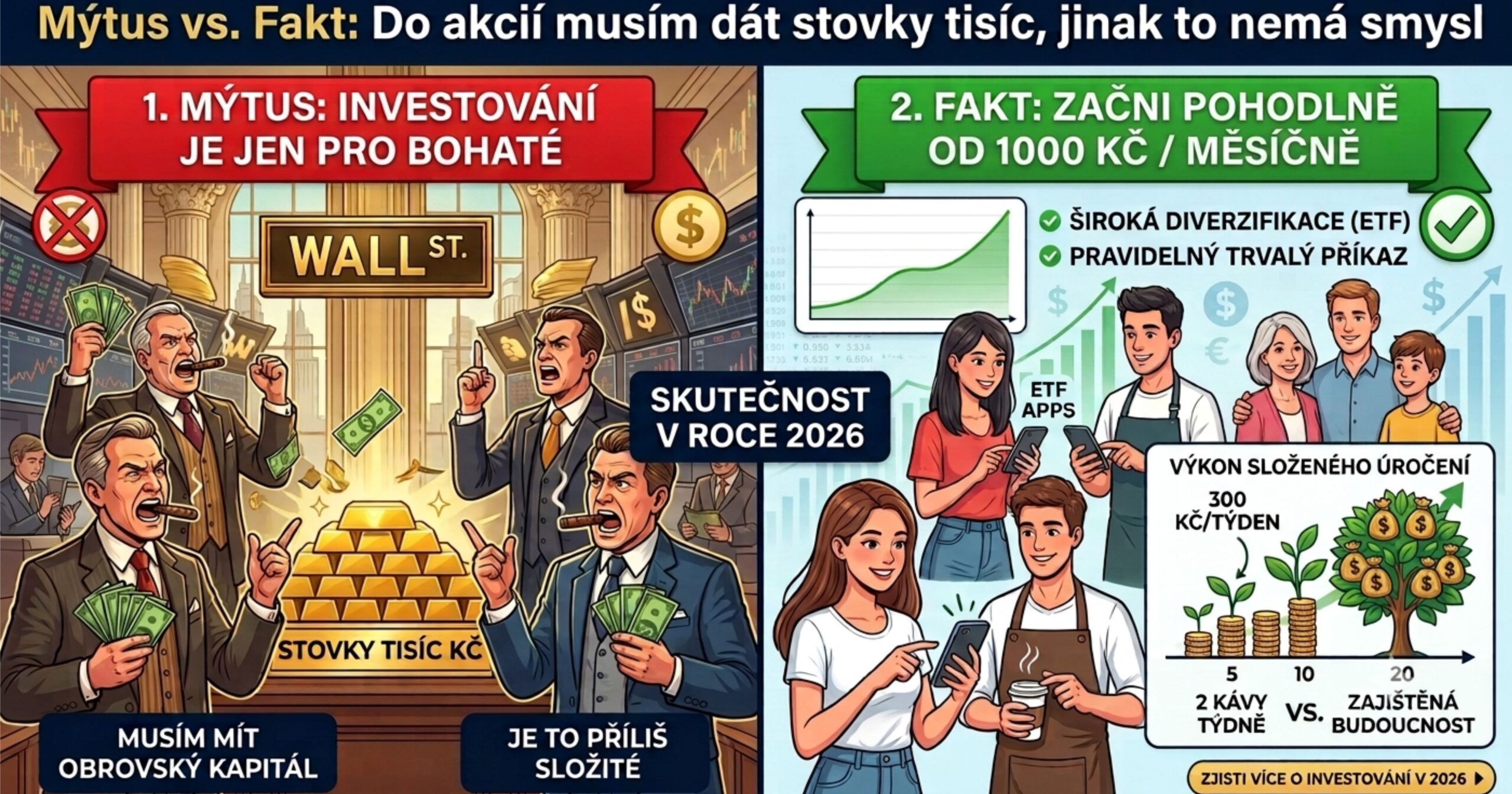 Na obrázku jsou rozděleny plusy a mínusy investování.